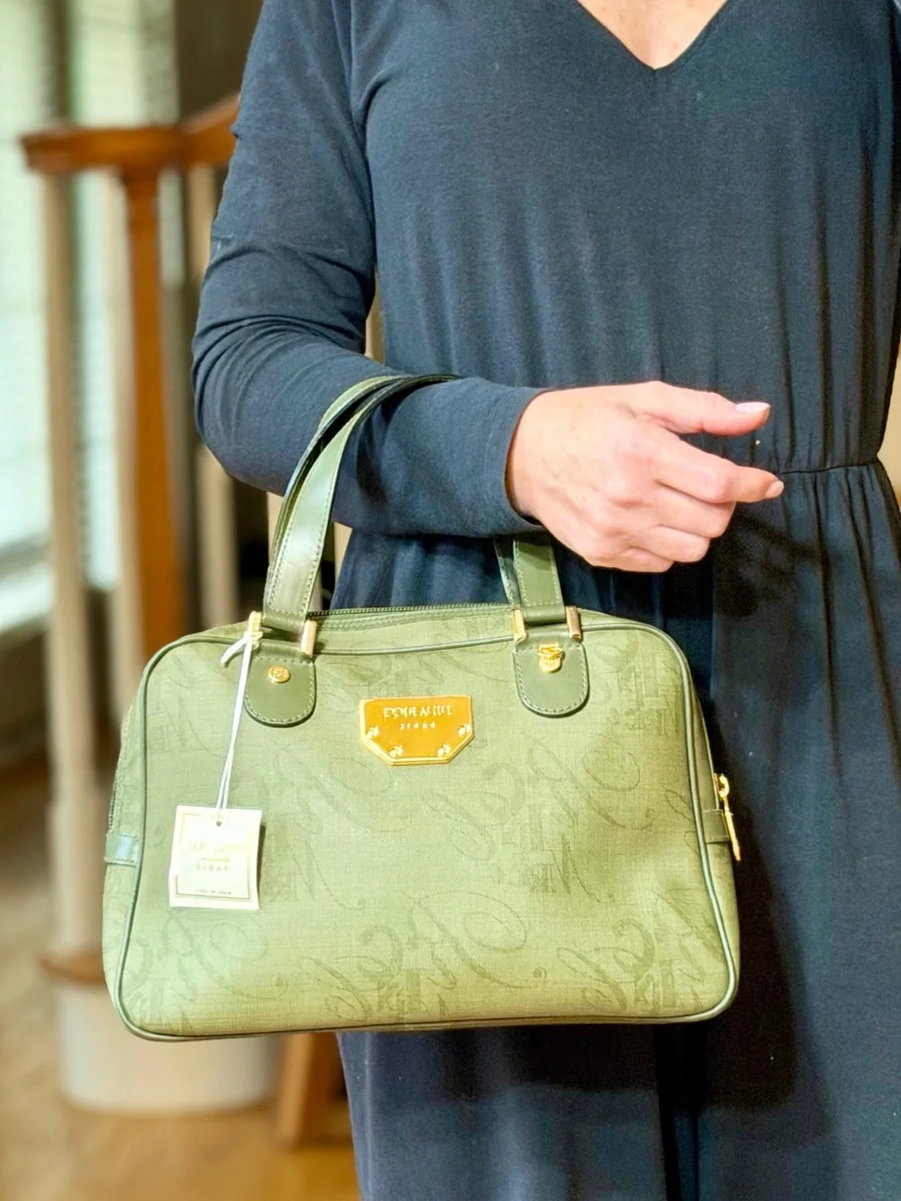 Nina Ricci 2010s Parisian Bottle Green Monogram Satchel Crossbody Bag